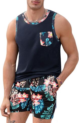 Men's 2 Pieces Set Floral Print Elastic Waist Shorts Sleeveless Tank Top Outfit Tracksuit Sets in Saudi Arabia
