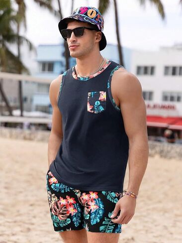 Men's 2 Pieces Set Floral Print Elastic Waist Shorts Sleeveless Tank Top Outfit Tracksuit Sets in Saudi Arabia