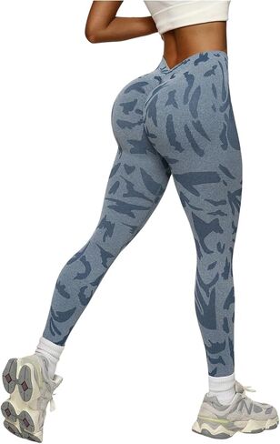 OYOANGLE Women's V Back Waist Yoga Leggings Printed High Waisted Scrunch Butt Lifting Seamless Casual Leggings in Saudi Arabia