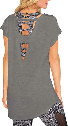 Women's Cotton Short Sleeve Workout Shirts Yoga T-Shirt Large V Back Cut Out Athletic Tee Tops in Saudi Arabia