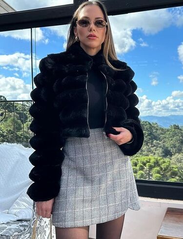 Yimoon Women's Faux Fur Coat Fluffy Long Sleeve Lapel Cropped Jackets Open Front Shaggy Coat Outerwear in Kuwait