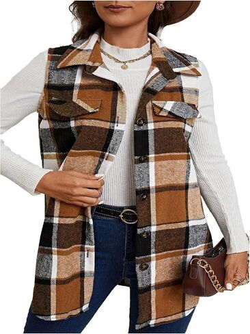 Women's Plus Size Plaid Button Up Vest Fall Casual Collared Sleeveless Work Shacket Jackets in Saudi Arabia