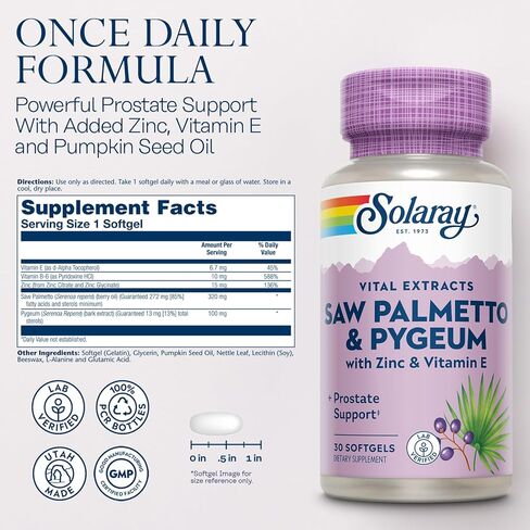 SOLARAY Saw Palmetto and Pygeum - Saw Palmetto للرجال مع لحاء Pygeum والزنك وفيتامين E وزيت بذور اليقطين - مكملات البروستاتا للرجال مع بيتا سيتوستيرول - ضمان لمدة 60 يومًا - 30 وجبة، 30 كبسولة هلامية in Kuwait