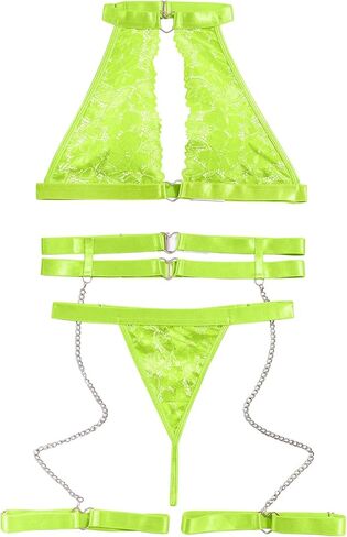 Sexy Cutout Chain Floral Lace Halter Heart Ring Garter Belt Lingerie Set 3 Piece in Kuwait