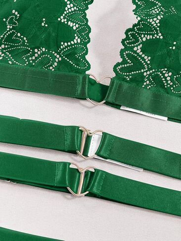 Sexy Cutout Chain Floral Lace Halter Heart Ring Garter Belt Lingerie Set 3 Piece in Kuwait