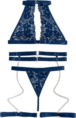 Sexy Cutout Chain Floral Lace Halter Heart Ring Garter Belt Lingerie Set 3 Piece in Kuwait