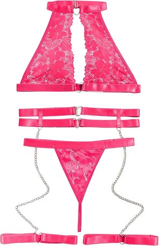 Sexy Cutout Chain Floral Lace Halter Heart Ring Garter Belt Lingerie Set 3 Piece in Kuwait