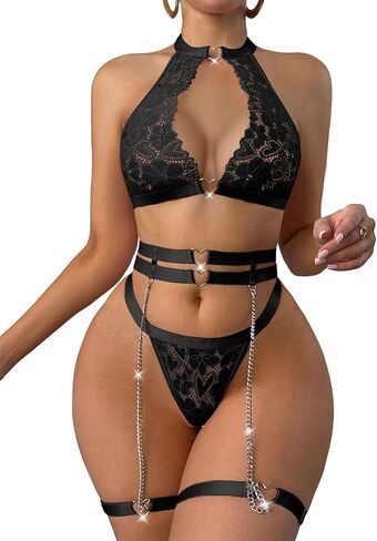 Sexy Cutout Chain Floral Lace Halter Heart Ring Garter Belt Lingerie Set 3 Piece in Kuwait