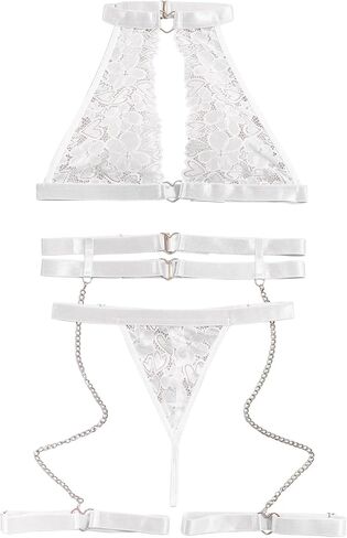 Sexy Cutout Chain Floral Lace Halter Heart Ring Garter Belt Lingerie Set 3 Piece in Kuwait