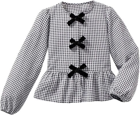 SHENHE Girl's Gingham Bow Top Lantern Sleeve Ruffle Hem Peplum Blouse Cute Going Out Top in Saudi Arabia