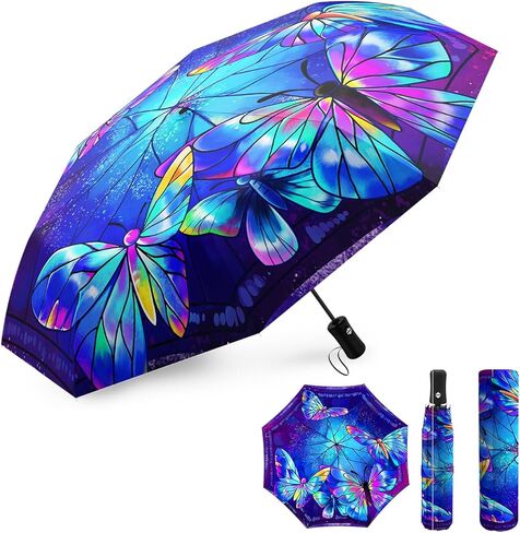 Windproof Travel Umbrella Compact Inverted Umbrellas for Rain Automatic Folding Umbrella Open Close Auto Sunshade Parasol Umbrella for Sun UV Protection Butterfly Gifts for Women Men Kids Girls in Saudi Arabia