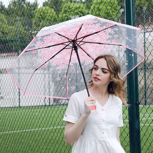 Folding Umbrella for Rain, Cute Transparent Cherry Blossom Umbrellas, Portable Waterproof (Pink) in Saudi Arabia