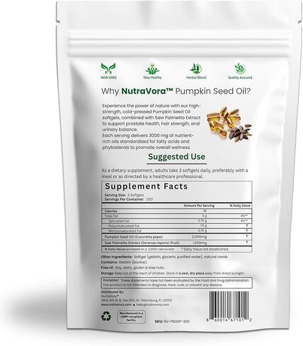 Pumpkin Seed Oil with Saw Palmetto Capsules – Men’s Prostate, Hair & Hormone Support Supplement – 3000 mg High Potency Cold-Pressed Formula – Non-GMO, Gluten-Free, Lab Tested – 300 Softgels in Saudi Arabia