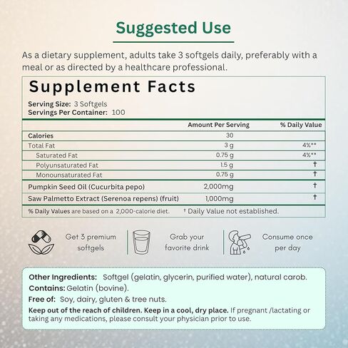 Pumpkin Seed Oil with Saw Palmetto Capsules – Men’s Prostate, Hair & Hormone Support Supplement – 3000 mg High Potency Cold-Pressed Formula – Non-GMO, Gluten-Free, Lab Tested – 300 Softgels in Saudi Arabia