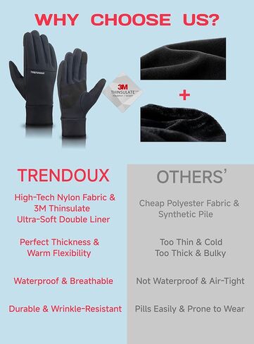 TRENDOUX Flexible Thick Winter Gloves: Touchscreen Warm Gloves for Men Women, Waterproof & Windproof, Thermal Insulated in Saudi Arabia