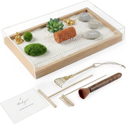 Mini Zen Garden Kit – Large Zen Garden for Desk with Bamboo Tray, Includes 15 Accessories & 6 Tools, Japanese Sand Tray Decor for Home, Office, Meditation, and Relaxation,13"x8.2"x2" in Saudi Arabia