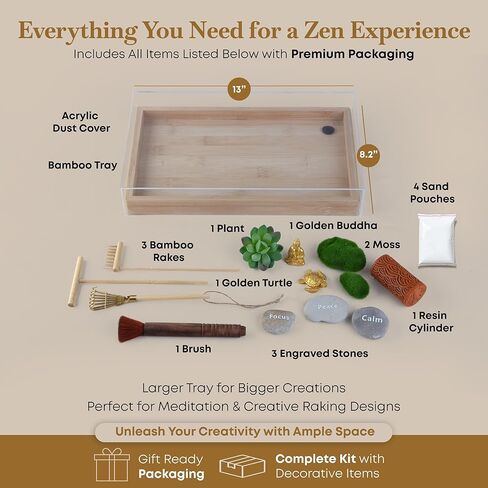Mini Zen Garden Kit – Large Zen Garden for Desk with Bamboo Tray, Includes 15 Accessories & 6 Tools, Japanese Sand Tray Decor for Home, Office, Meditation, and Relaxation,13"x8.2"x2" in Saudi Arabia