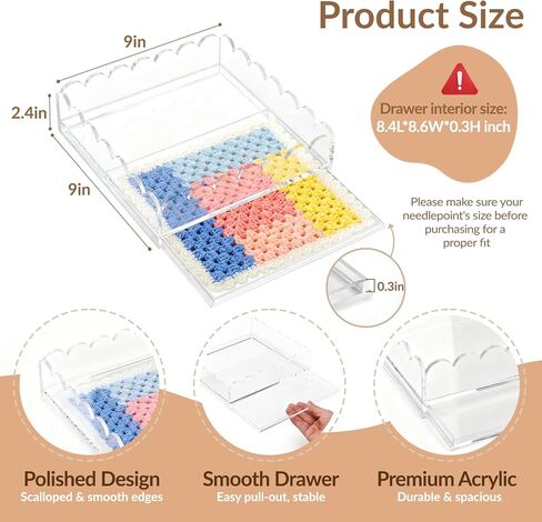 Scalloped Acrylic Tray for Needlepoint Inserts, 8" x 8" Clear Acrylic Tray with Drawer, Compatible for Art, Photos, Fabric & Custom Displays, Decorative Gift for Home or Office in Saudi Arabia