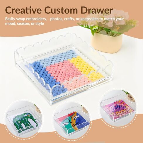 Scalloped Acrylic Tray for Needlepoint Inserts, 8" x 8" Clear Acrylic Tray with Drawer, Compatible for Art, Photos, Fabric & Custom Displays, Decorative Gift for Home or Office in Saudi Arabia