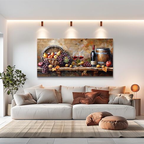 XIGUANGART المطبخ جدار الفن العنب برميل اللوحة النبيذ الأحمر الزجاج الفاكهة الأعمال الفنية يطبع لغرفة الطعام بار قماش جدار ديكور لغرفة المعيشة الغذاء لا تزال الحياة مجردة صورة ديكور المنزل 20x40IN in Saudi Arabia