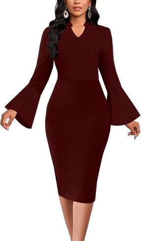 DinyIn Church Dress for Women Elegant Bell Sleeve Bodycon V Neck Business Wear to Work Classy Mid Pencil Dresses with Pocket in Saudi Arabia