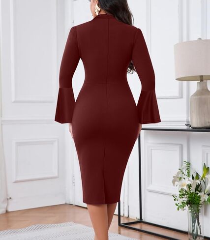 DinyIn Church Dress for Women Elegant Bell Sleeve Bodycon V Neck Business Wear to Work Classy Mid Pencil Dresses with Pocket in Saudi Arabia