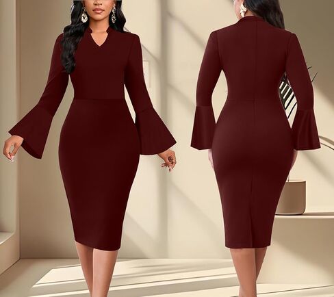 DinyIn Church Dress for Women Elegant Bell Sleeve Bodycon V Neck Business Wear to Work Classy Mid Pencil Dresses with Pocket in Saudi Arabia