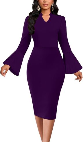 DinyIn Church Dress for Women Elegant Bell Sleeve Bodycon V Neck Business Wear to Work Classy Mid Pencil Dresses with Pocket in Saudi Arabia