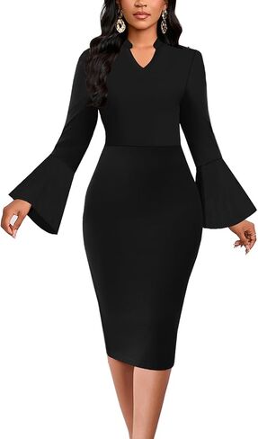 DinyIn Church Dress for Women Elegant Bell Sleeve Bodycon V Neck Business Wear to Work Classy Mid Pencil Dresses with Pocket in Saudi Arabia