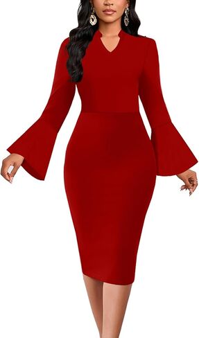 DinyIn Church Dress for Women Elegant Bell Sleeve Bodycon V Neck Business Wear to Work Classy Mid Pencil Dresses with Pocket in Saudi Arabia