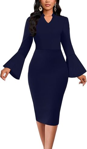 DinyIn Church Dress for Women Elegant Bell Sleeve Bodycon V Neck Business Wear to Work Classy Mid Pencil Dresses with Pocket in Saudi Arabia