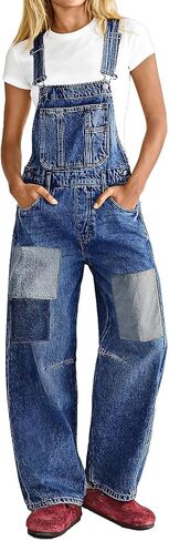 Flamingals Wide Leg Patched Stitch Detail Denim Overalls for Women Casual Jumpsuits with Pockets in Saudi Arabia