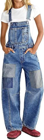 Flamingals Wide Leg Patched Stitch Detail Denim Overalls for Women Casual Jumpsuits with Pockets in Saudi Arabia