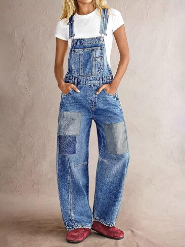 Flamingals Wide Leg Patched Stitch Detail Denim Overalls for Women Casual Jumpsuits with Pockets in Saudi Arabia