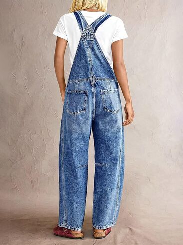 Flamingals Wide Leg Patched Stitch Detail Denim Overalls for Women Casual Jumpsuits with Pockets in Saudi Arabia