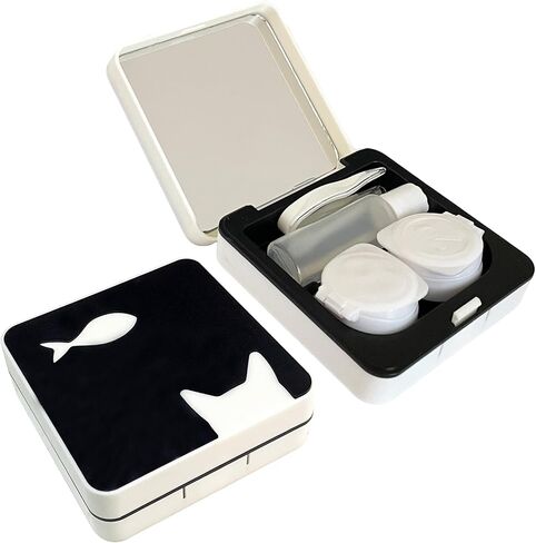 حافظة عدسات لاصقة بيضاء بحجم مناسب للسفر، حقيبة عين القطة، مجموعة أدوات إزالة العدسات اللاصقة الملونة اللطيفة مع زجاجة محلول مرآة للاستخدام اليومي في الهواء الطلق in Kuwait