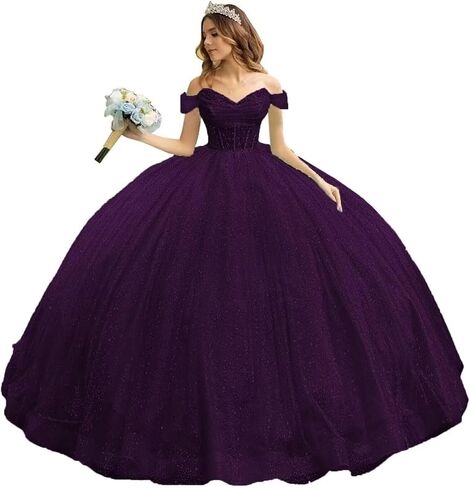 تول سباركلي مطرز فساتين Quinceanera قبالة الكتف الحبيب الكرة ثوب منتفخ الحلو 16 فساتين مع القطار in Kuwait