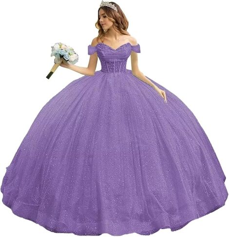 تول سباركلي مطرز فساتين Quinceanera قبالة الكتف الحبيب الكرة ثوب منتفخ الحلو 16 فساتين مع القطار in Kuwait