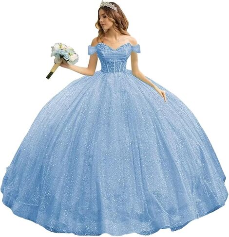 تول سباركلي مطرز فساتين Quinceanera قبالة الكتف الحبيب الكرة ثوب منتفخ الحلو 16 فساتين مع القطار in Kuwait