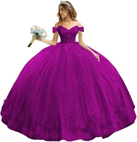 تول سباركلي مطرز فساتين Quinceanera قبالة الكتف الحبيب الكرة ثوب منتفخ الحلو 16 فساتين مع القطار in Kuwait
