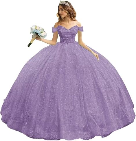 تول سباركلي مطرز فساتين Quinceanera قبالة الكتف الحبيب الكرة ثوب منتفخ الحلو 16 فساتين مع القطار in Kuwait