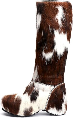 XOBZJH Women’s Cowhide Calf Hair Knee-High Winter Boots, Wool-Lined Warm Fur Snow Boots with Built-In Waterproof Platform, Anti-Slip Sole, Animal Print Western Style Real Cow Hide Boots in Saudi Arabia