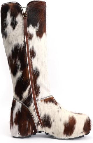 XOBZJH Women’s Cowhide Calf Hair Knee-High Winter Boots, Wool-Lined Warm Fur Snow Boots with Built-In Waterproof Platform, Anti-Slip Sole, Animal Print Western Style Real Cow Hide Boots in Saudi Arabia