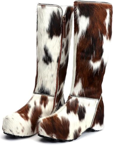 XOBZJH Women’s Cowhide Calf Hair Knee-High Winter Boots, Wool-Lined Warm Fur Snow Boots with Built-In Waterproof Platform, Anti-Slip Sole, Animal Print Western Style Real Cow Hide Boots in Saudi Arabia