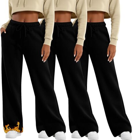 3 Pack Women's Wide Leg Fleece Lined Sweatpants Thermal Lounge Warm Pants Drawstring Elastic Waisted with Pockets in Saudi Arabia