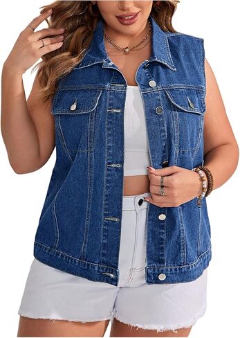 OYOANGLE Women's Plus Size Sleeveless Denim Jacket Vintage Button Down Jean Vest Coat in Saudi Arabia