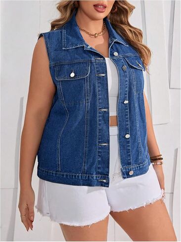 OYOANGLE Women's Plus Size Sleeveless Denim Jacket Vintage Button Down Jean Vest Coat in Saudi Arabia
