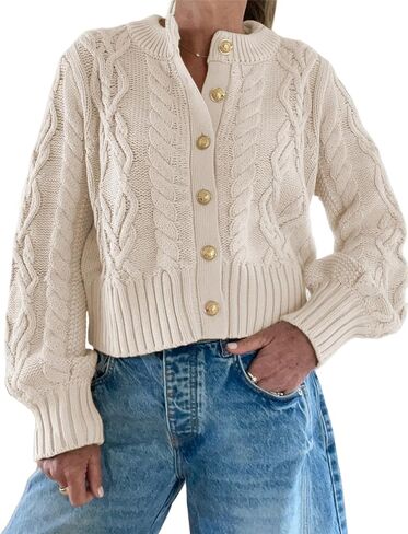 Watashi سترة نسائية عادية زر حتى كابل متماسكة طويلة الأكمام الخريف اقتصاص سترة Crewneck مكتنزة محبوك البلوزات in Kuwait