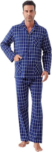 GLOBAL Men's 100% Cotton Flannel Pajamas Set Soft Warm 2pc Pjs For Men Button Fly&Elastic High Waist Loungewear Sleepwear in Kuwait