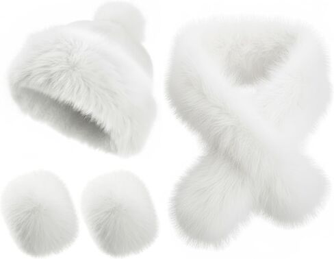 3 Pcs Faux Fox Fur Scarf Set for Women Soft Fluffy Mongolian Hat, Fur Cuff Arm Warmers Winter Accessories Gift Set in Saudi Arabia